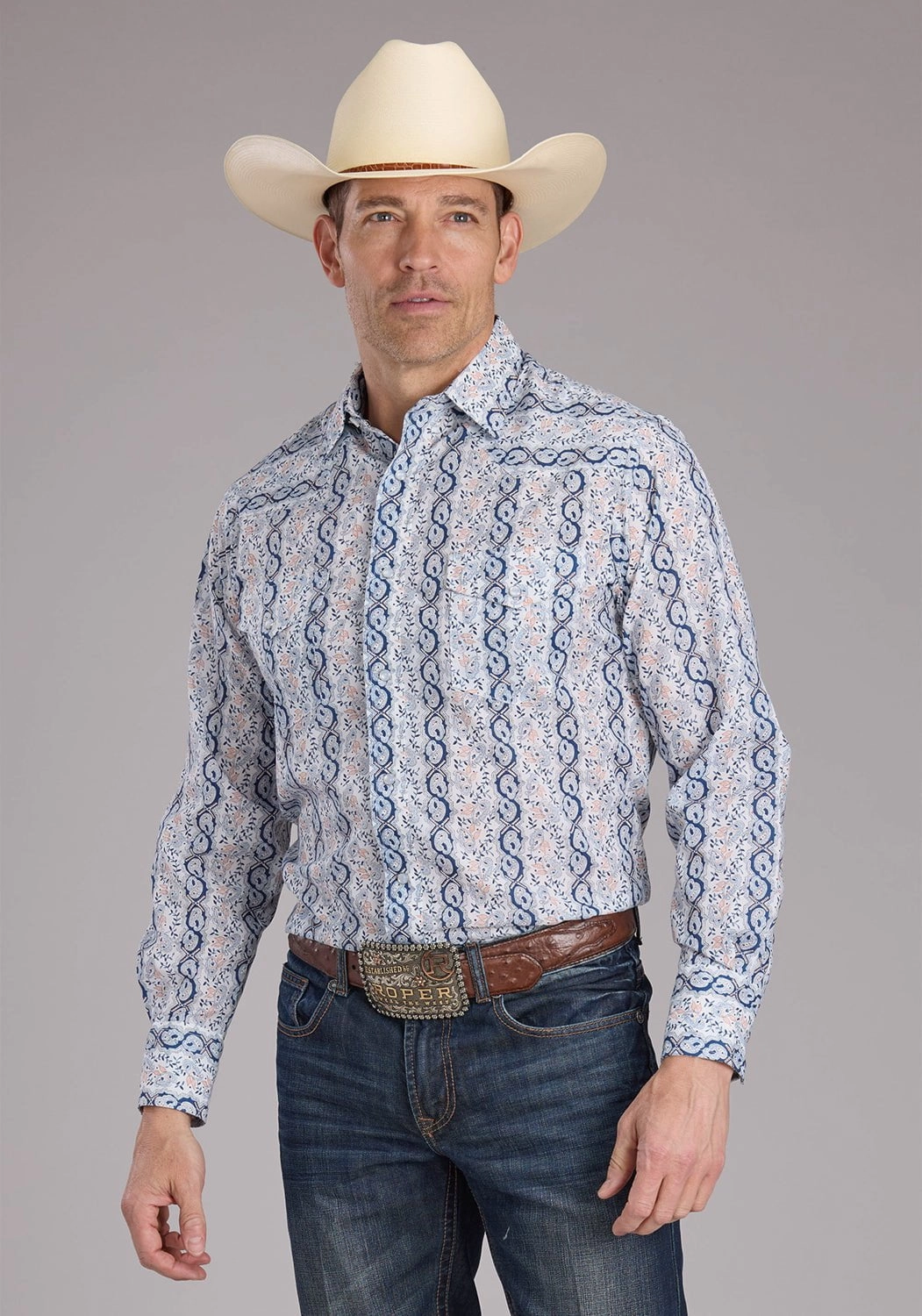 Reinforced Shoulders Subtle Print Roper Mens 2429 Paisley Trellis Blue Cotton Blend L/S Shirt