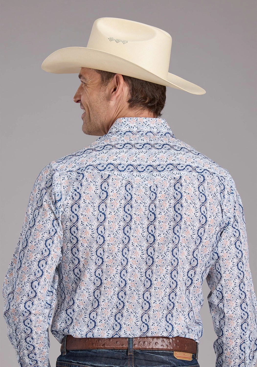 Wrinkle Resistant Material Fitted Shape Roper Mens 2429 Paisley Trellis Blue Cotton Blend L/S Shirt