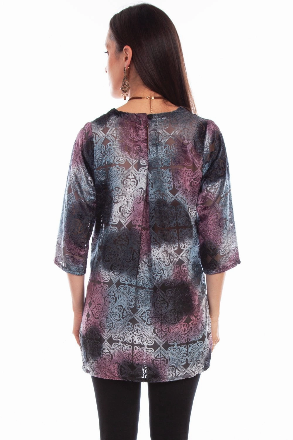 Multi Layer Stitching Scully Womens Velvety Pattern Bordeaux Nylon Viscose 3/4 Sleeve S/S Tunic
