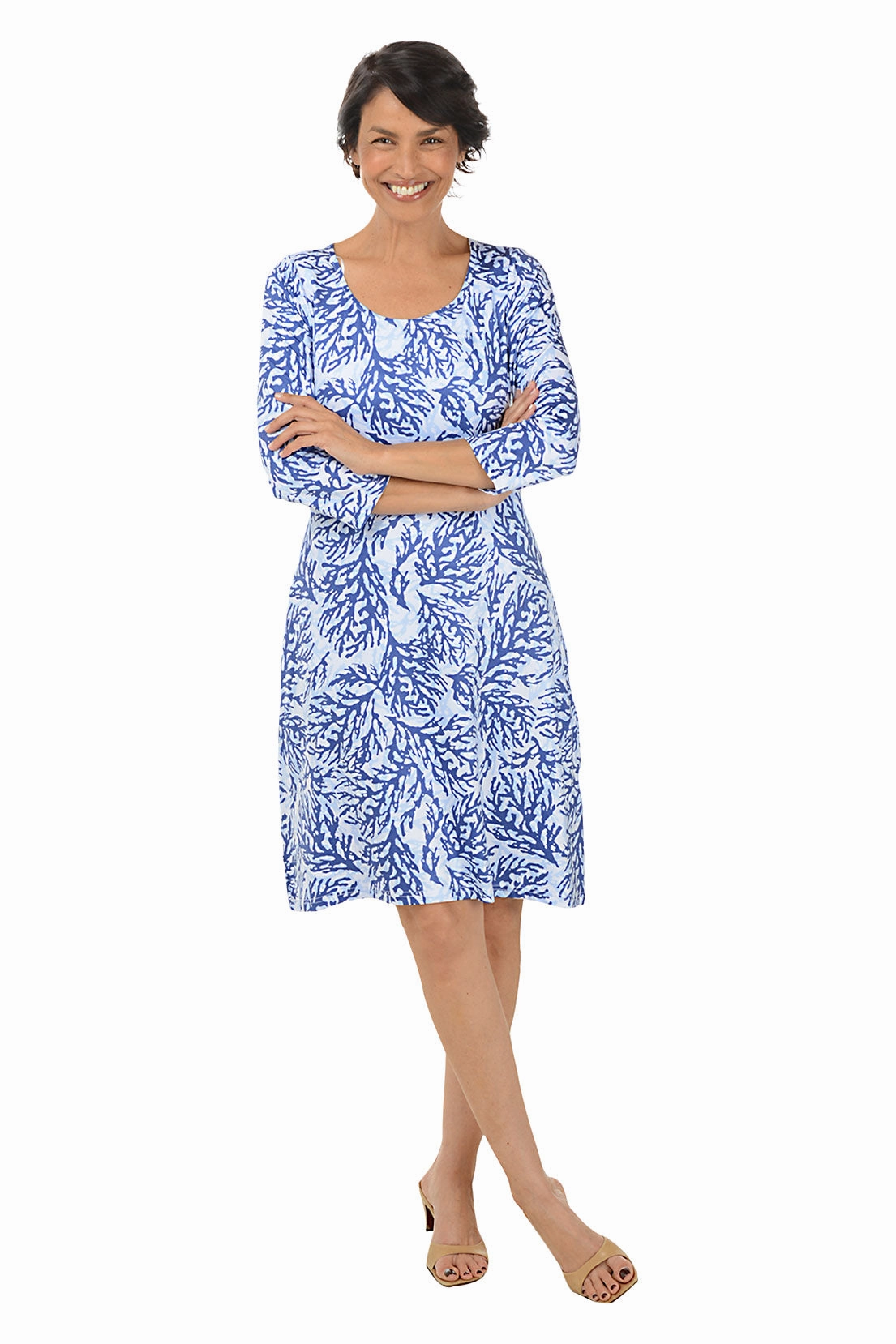 Coral 3/4 Sleeve A-Line Dress Stylish Layer