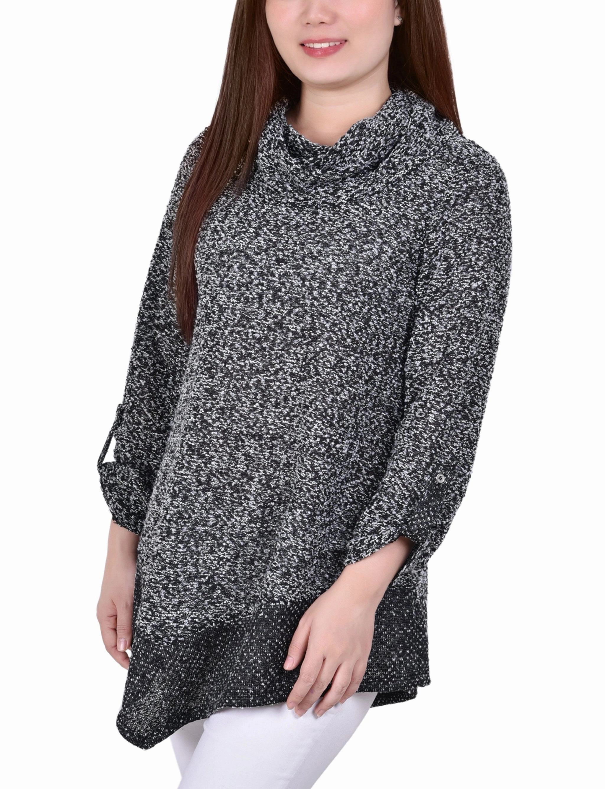 Sustainable Manufacturing Long Roll Tab Sleeve Nubby Cowl Neck Top