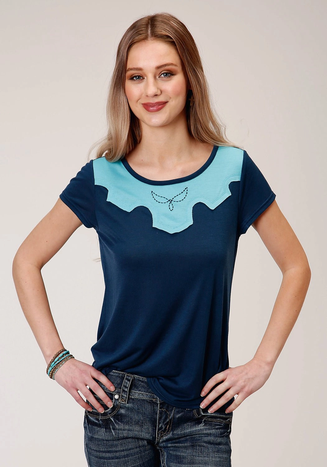 Street Style Flexible Material Roper Womens Navy Poly/Rayon Boyfriend Crew S/S T-Shirt