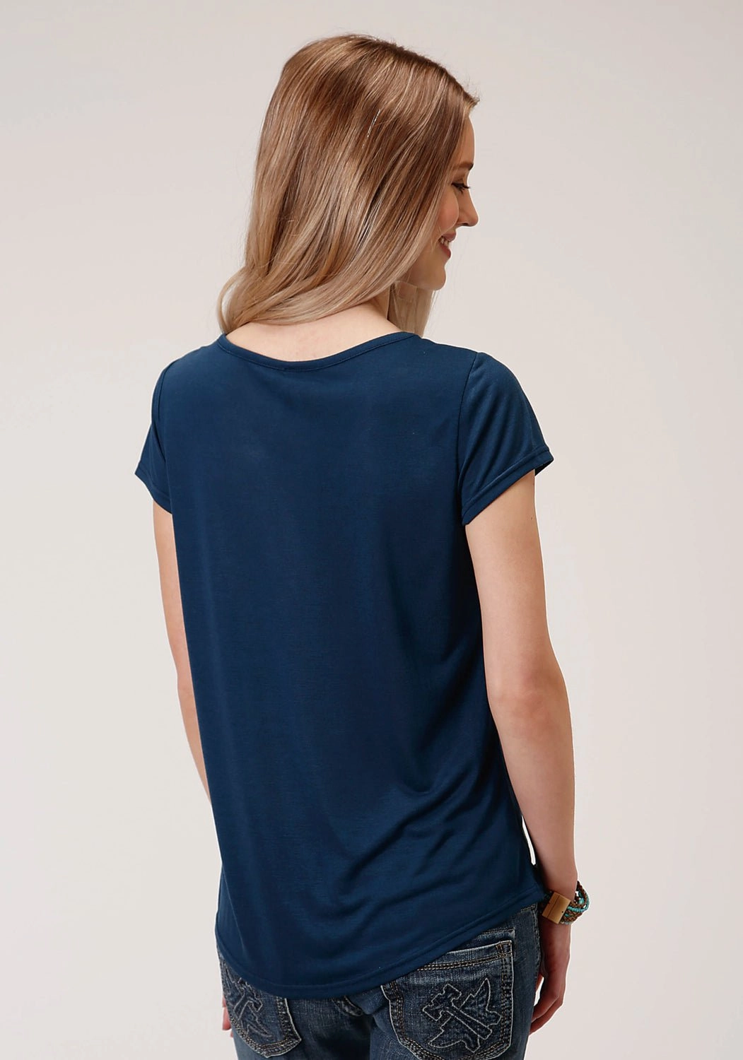 Minimalist Design All Purpose Weave Design Roper Womens Navy Poly/Rayon Boyfriend Crew S/S T-Shirt