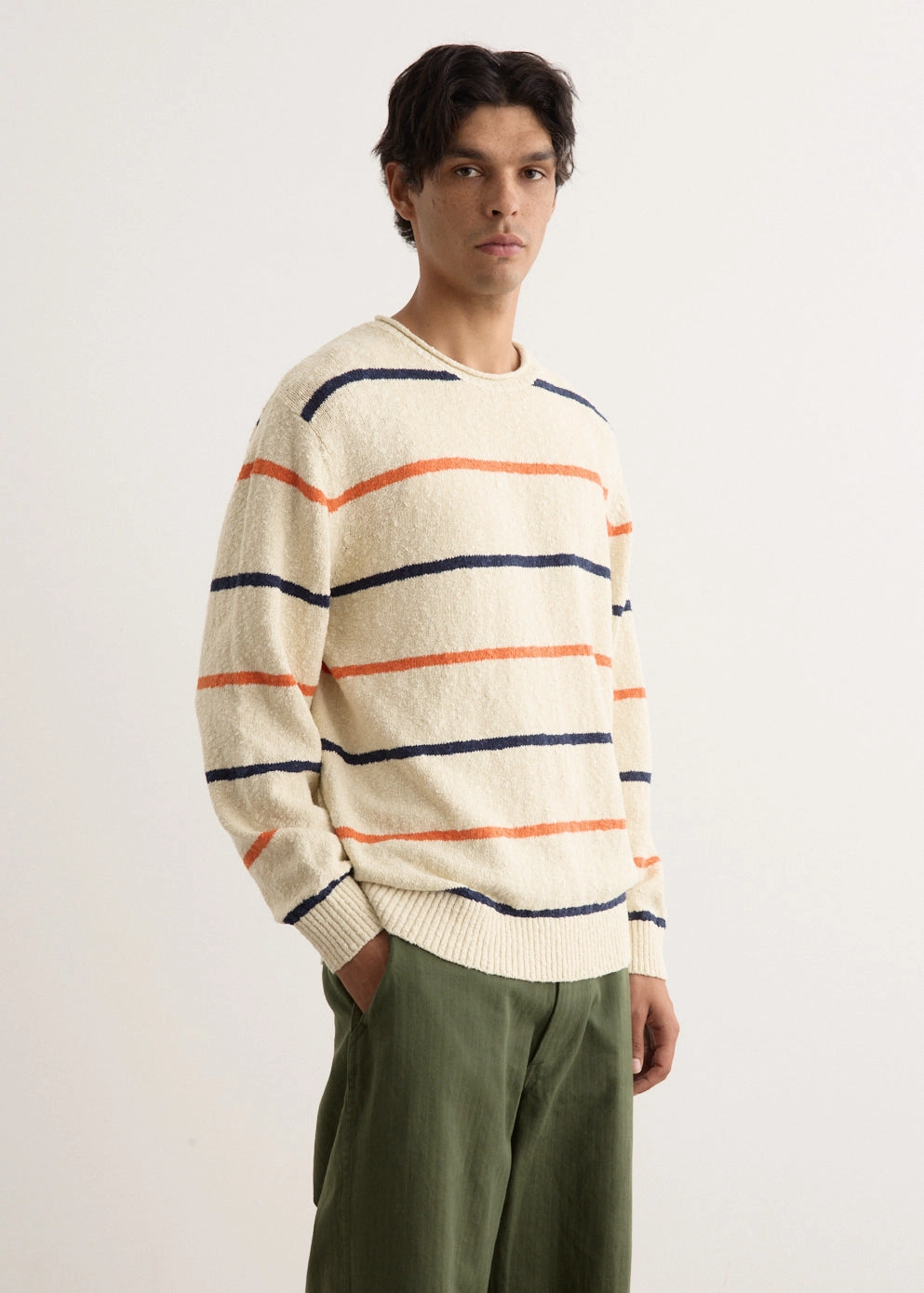 Minimal Layer Subtle Fit Cotton Linen Slab Stripe Crewneck