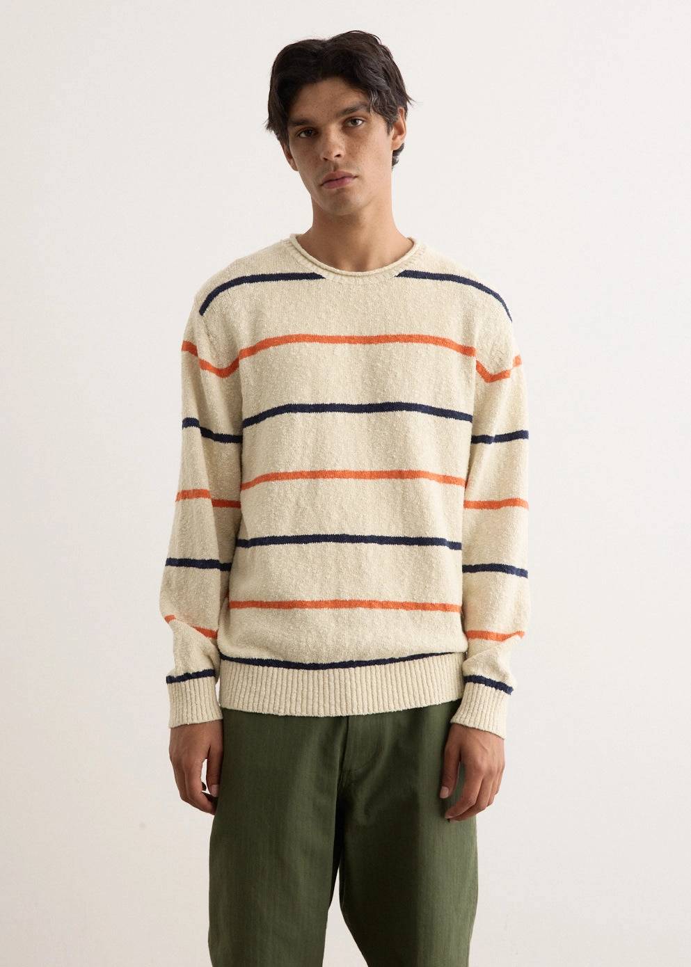 Weekend Classic Basic Style Cotton Linen Slab Stripe Crewneck