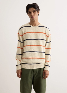 Weekend Classic Basic Style Cotton Linen Slab Stripe Crewneck