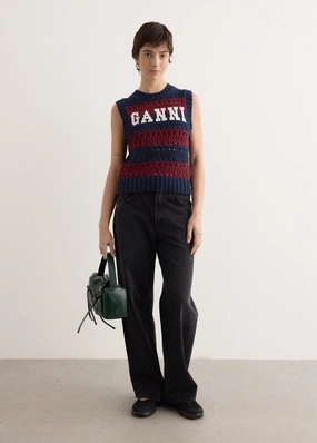 Cotton Mix Striped Vest Interlock Ribbed Collar Outdoor Casual Look