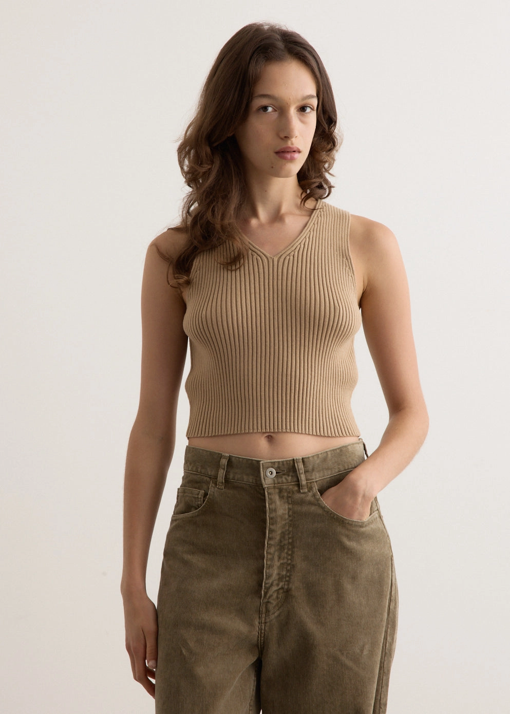 Cotton Silk Rib Knit V-Neck Vest Inner Layer early morning