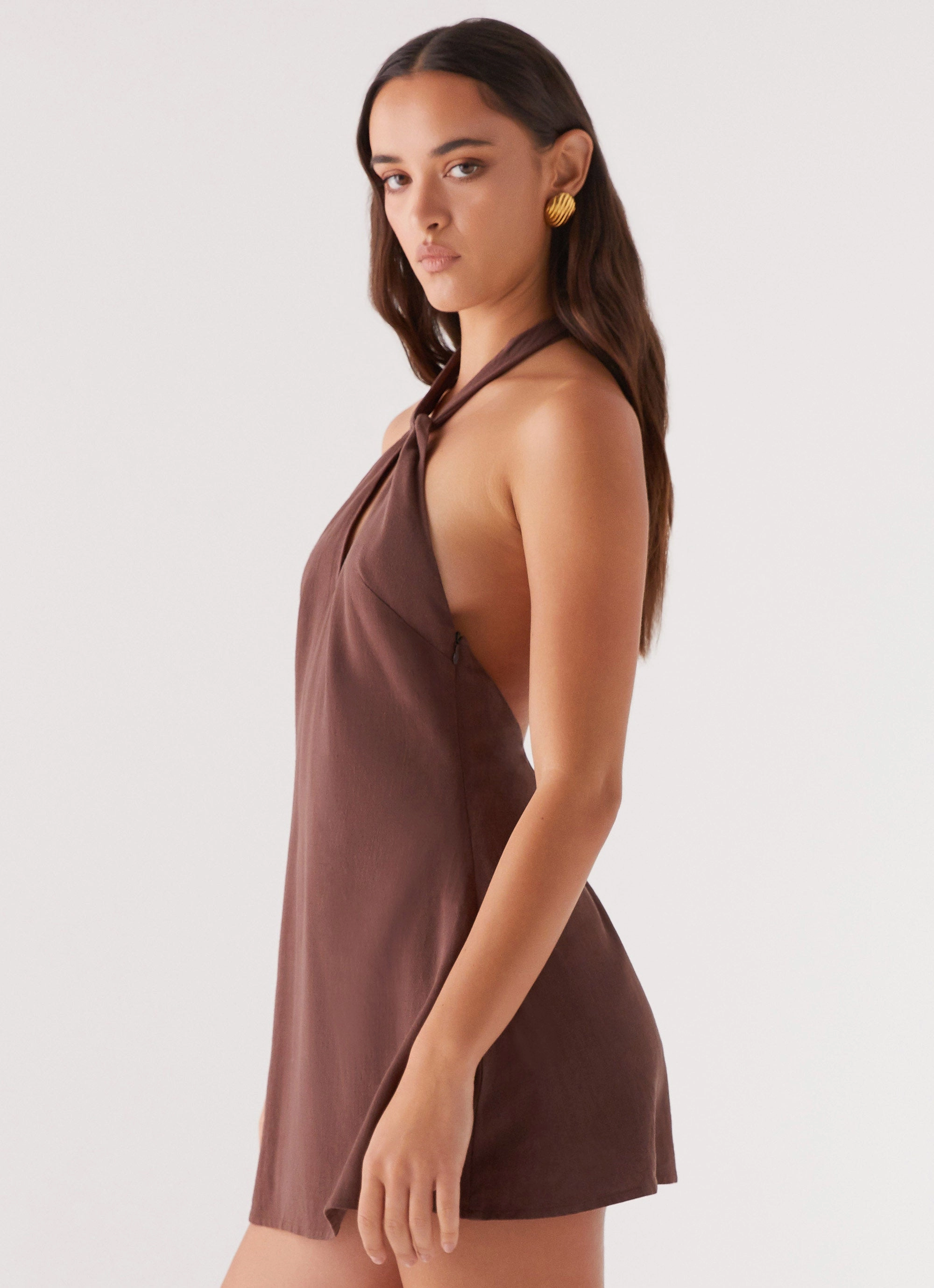 Neutral palette Counting Stars Linen Halterneck Dress - Chocolate