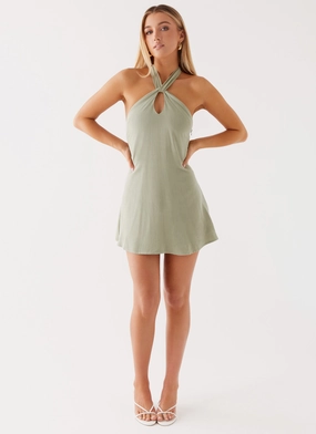 Shared Moment Subtle Detail Counting Stars Linen Halterneck Dress - Sage