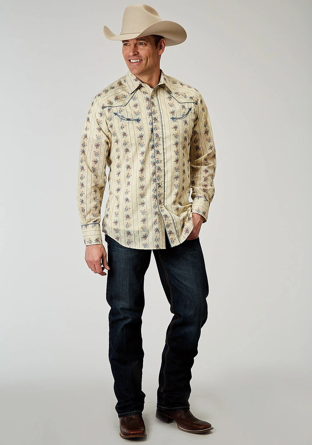 Recycled Polyester Blend Cocktail Party Roper Mens Floral Stripe Fancy Yellow Cotton Blend L/S Shirt