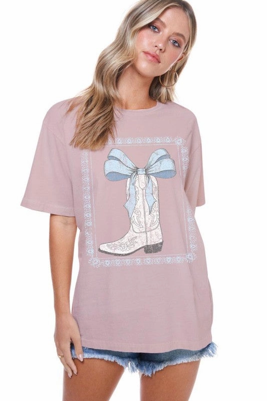 Water Based Ink Cowboy Boots Bow Ribbon Vintage Graphic Tee
