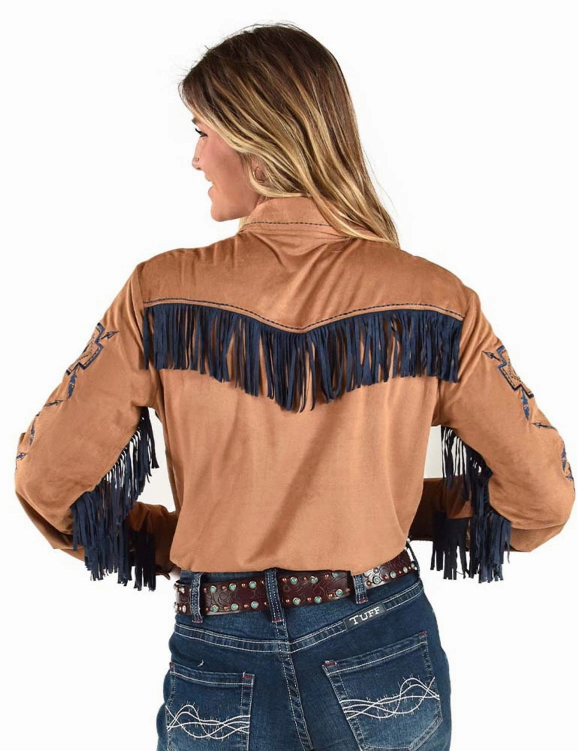 Cowgirl Tuff Womens Blue Fringe Pullover Tan Polyester L/S Shirt Bold Pattern