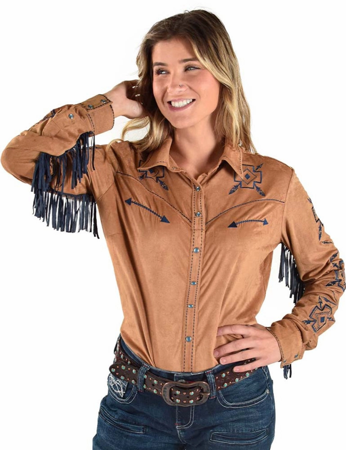 Trendsetting Design Cowgirl Tuff Womens Blue Fringe Pullover Tan Polyester L/S Shirt