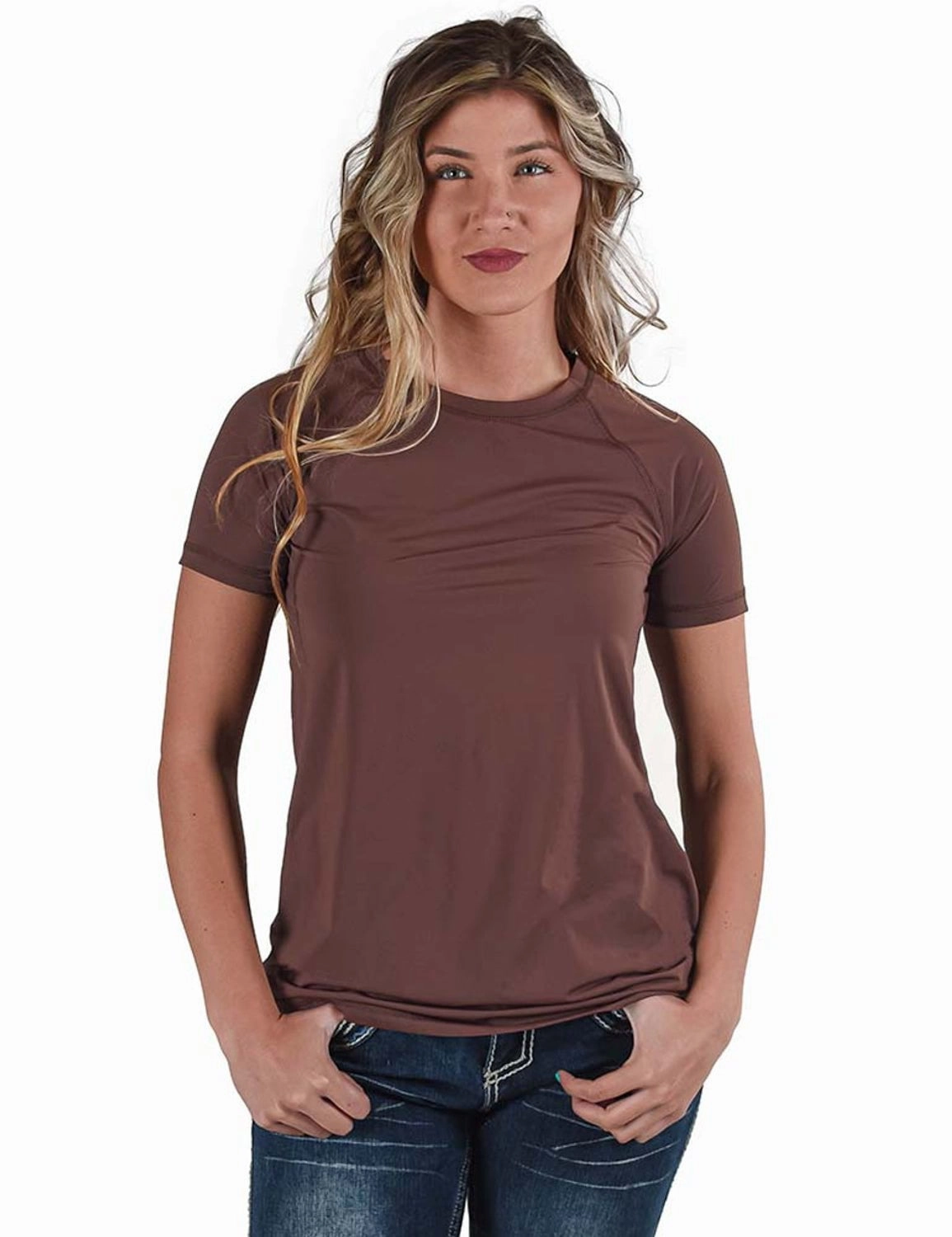 Cowgirl Tuff Womens Cooling UPF Raglan Baseball Brown Nylon S/S T-Shirt Comfortable Wear Microfiber Material