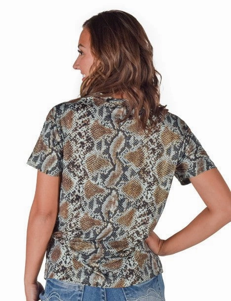 Cowgirl Tuff Womens Flowy V-Neck Snake Dusty Blue Poly/Spandex S/S T-Shirt Business casual