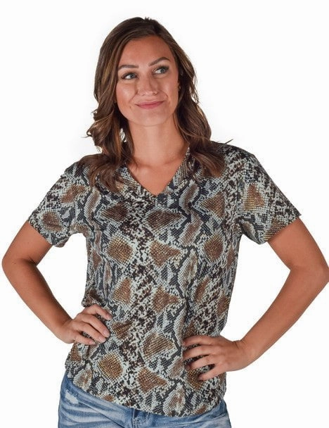 On-The-Go Style Patterned Texture Cowgirl Tuff Womens Flowy V-Neck Snake Dusty Blue Poly/Spandex S/S T-Shirt