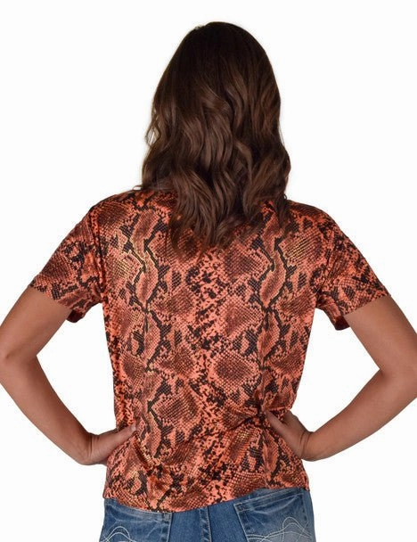 Country Charm Social Meetup Cowgirl Tuff Womens Flowy V-Neck Snake Orange Poly/Spandex S/S T-Shirt