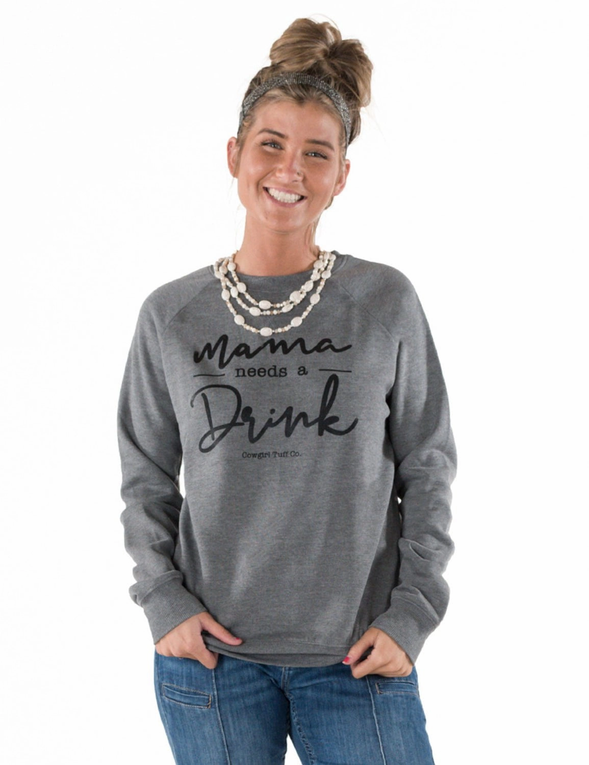 Simple Knitwear Cowgirl Tuff Womens Mama Needs A Drink Heather Gray Poly/Rayon Sweatshirt