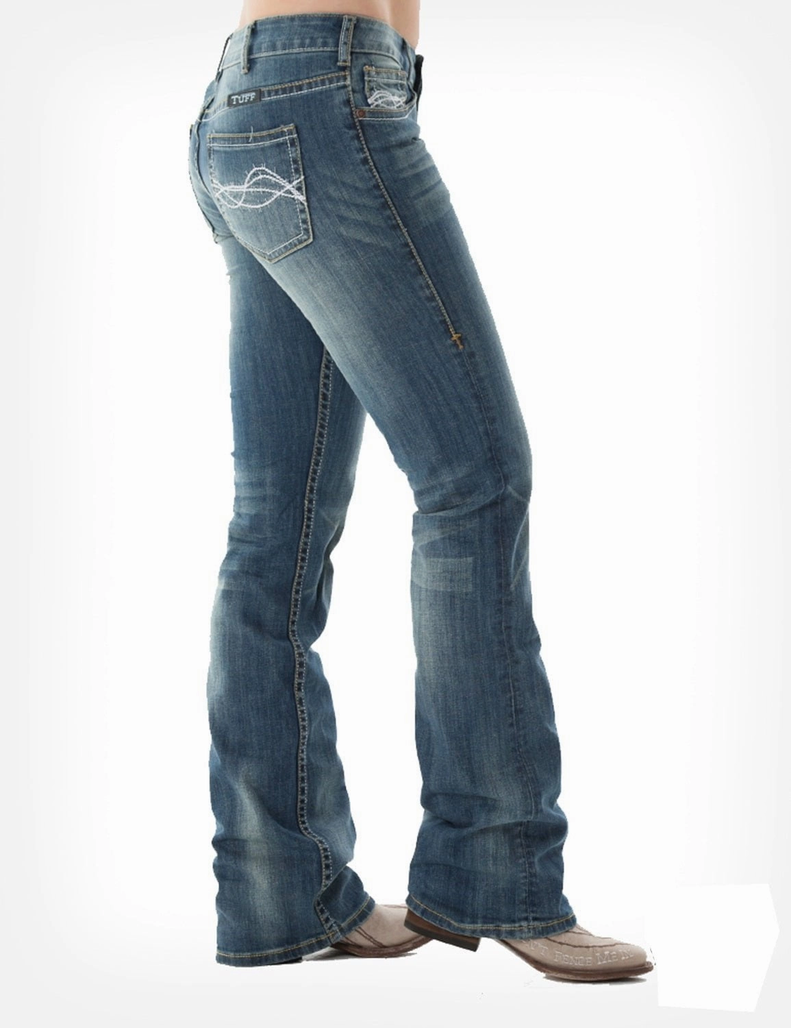 Multipurpose Utility Pockets Cowgirl Tuff Womens Medium Wash Cotton Blend Jeans DFMI Bootcut