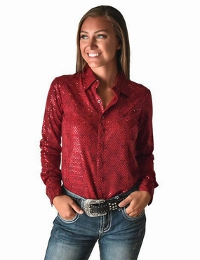 Cowgirl Tuff Womens Metallic Snakeskin Bling Red Poly/Spandex L/S Blouse Glossy Texture