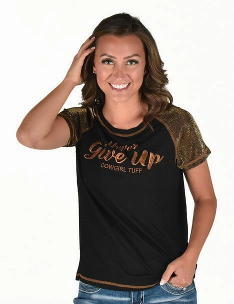 Plus size option Sheer Panel Cowgirl Tuff Womens Never Give Up Shimmer Copper Nylon S/S T-Shirt