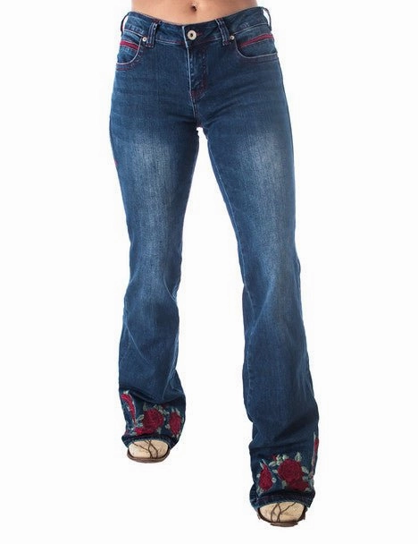 Cowgirl Tuff Womens Roses Are Red Medium Wash Cotton Blend Jeans Layer Essential Outdoor Outfit