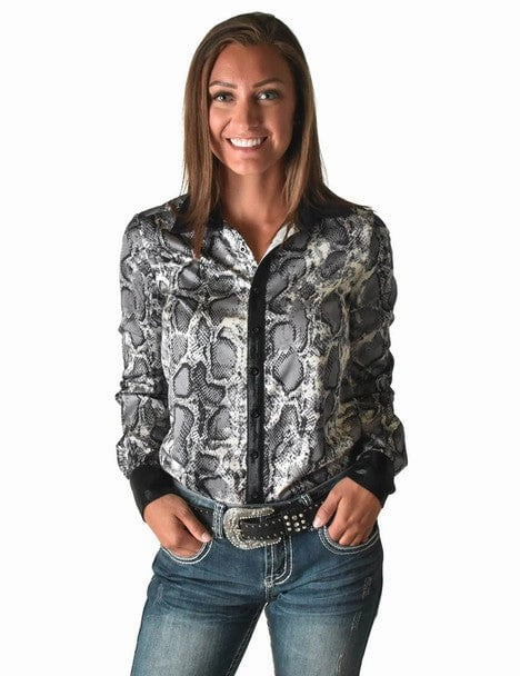 Fashion staples Cowgirl Tuff Womens Satin Snakeskin Black Polyester L/S Shirt