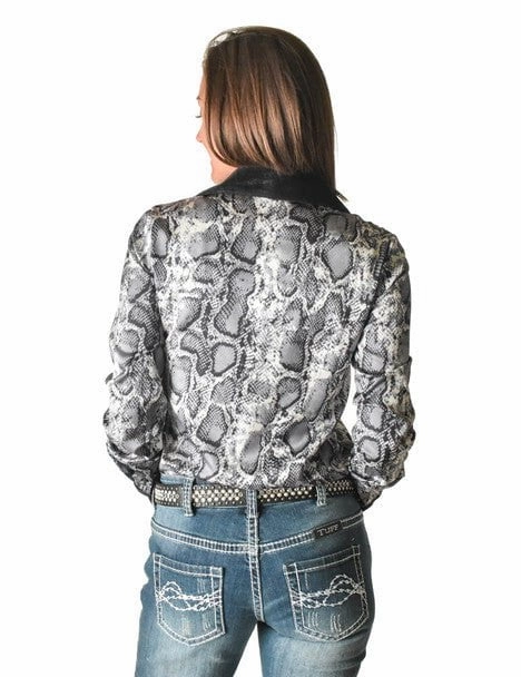 Cowgirl Tuff Womens Satin Snakeskin Black Polyester L/S Shirt Camping Essential Subtle design