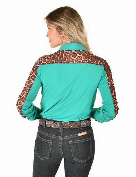 Cowgirl Tuff Womens Sheer Leopard Turquoise Poly/Spandex L/S Shirt Summer Vibes Thermoregulating Layer