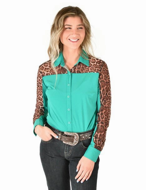 Cowgirl Tuff Womens Sheer Leopard Turquoise Poly/Spandex L/S Shirt Youthful Style No Slip Shoulder Grip