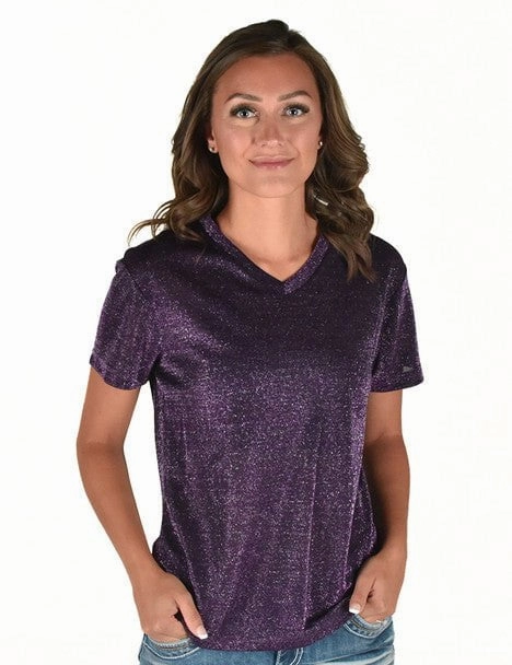 Cowgirl Tuff Womens Shimmer Breathe V Purple Nylon S/S T-Shirt Snug feel