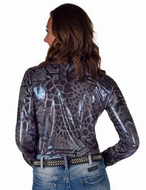 Dressy look Cowgirl Tuff Womens Shiny Animal Gray Polyester L/S Shirt
