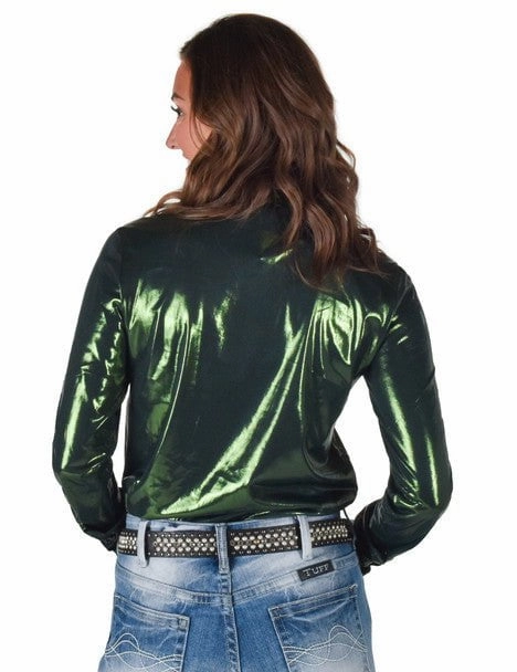 Cowgirl Tuff Womens Shiny Metallic Dark Green Polyester L/S Shirt Reinforced Elasticity