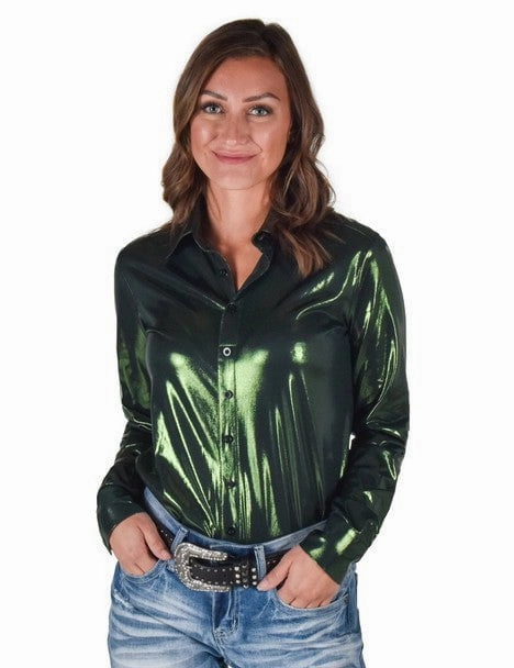 Picnic Outfit crew neck Cowgirl Tuff Womens Shiny Metallic Dark Green Polyester L/S Shirt