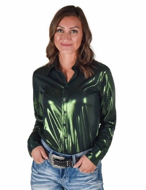 Picnic Outfit crew neck Cowgirl Tuff Womens Shiny Metallic Dark Green Polyester L/S Shirt