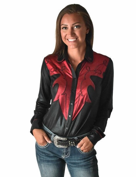 Cowgirl Tuff Womens Western Metallic Black/Red Polyester L/S Shirt Odor Control Fabric