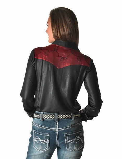 Layering Essential Cowgirl Tuff Womens Western Metallic Black/Red Polyester L/S Shirt