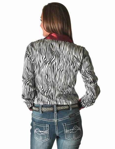 Streamlined Design Cowgirl Tuff Womens Zebra Metallic Black/White Polyester L/S Shirt
