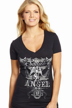 Multi Functional Pockets Cowgirl Up Womens Black Cotton S/S T-Shirt Saddle Angel V-Neck