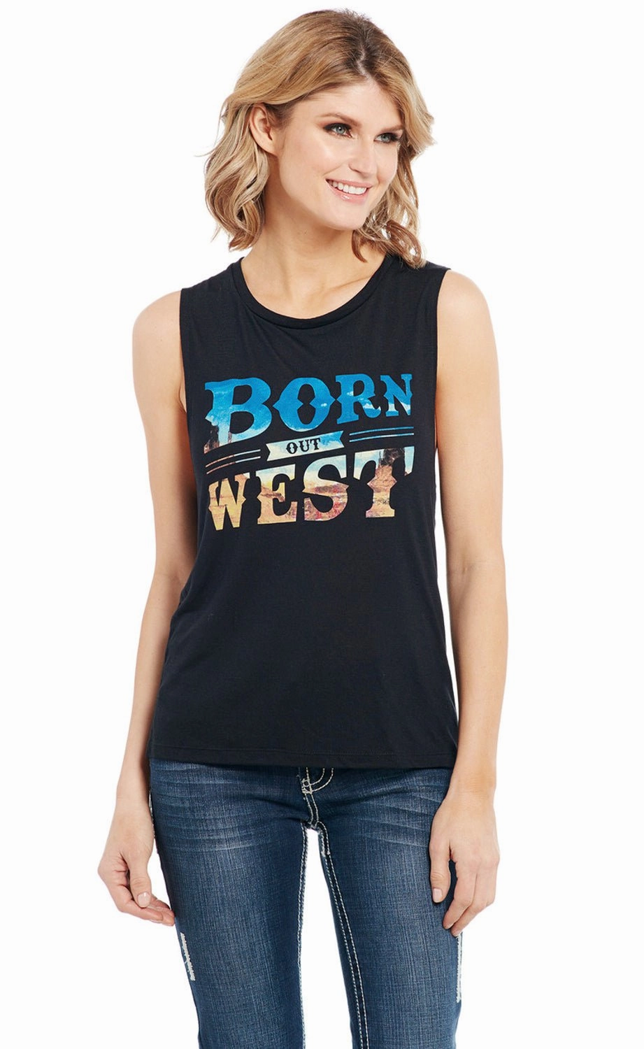 Cowgirl Up Womens Born Out West Muscle Black Polyester S/L T-Shirt Reinforced Elasticity