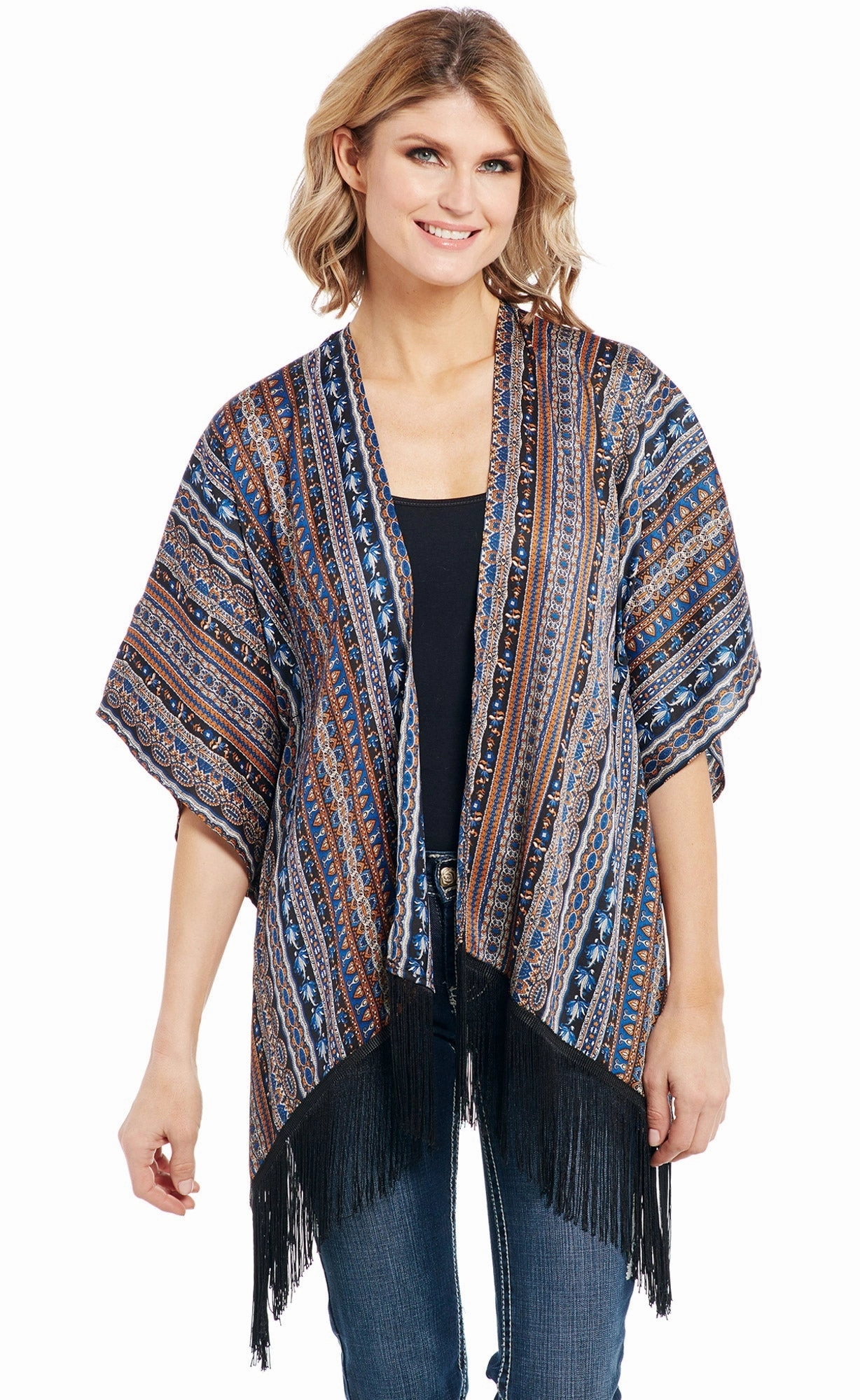 Cowgirl Up Womens Multi-Color Polyester Fringe Hem Kimono Cardigan S/S Hypoallergenic Wool Mix