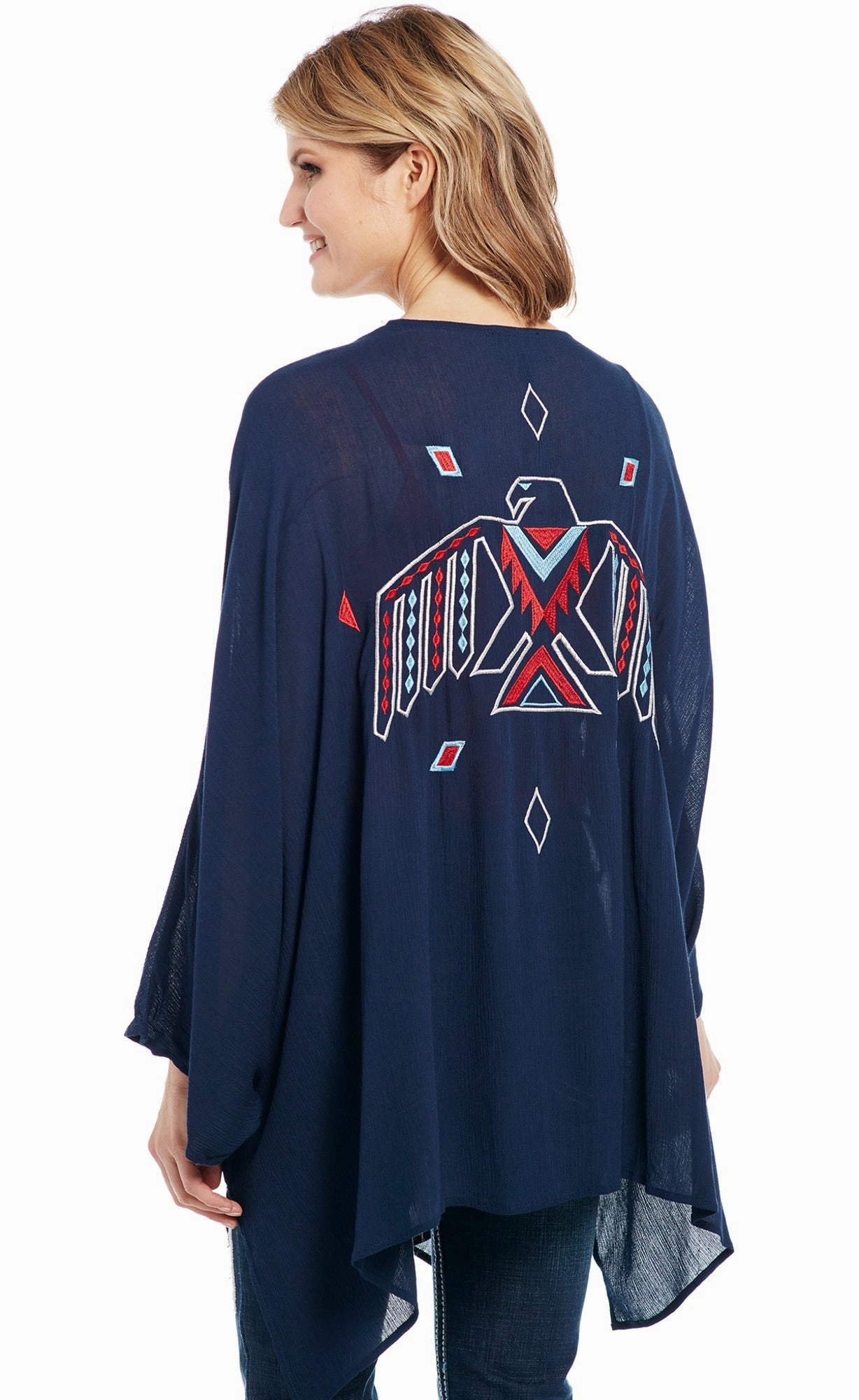 Cowgirl Up Womens Navy 100% Rayon Embroidered Kimono Cardigan Layered Style Wear Chic Design