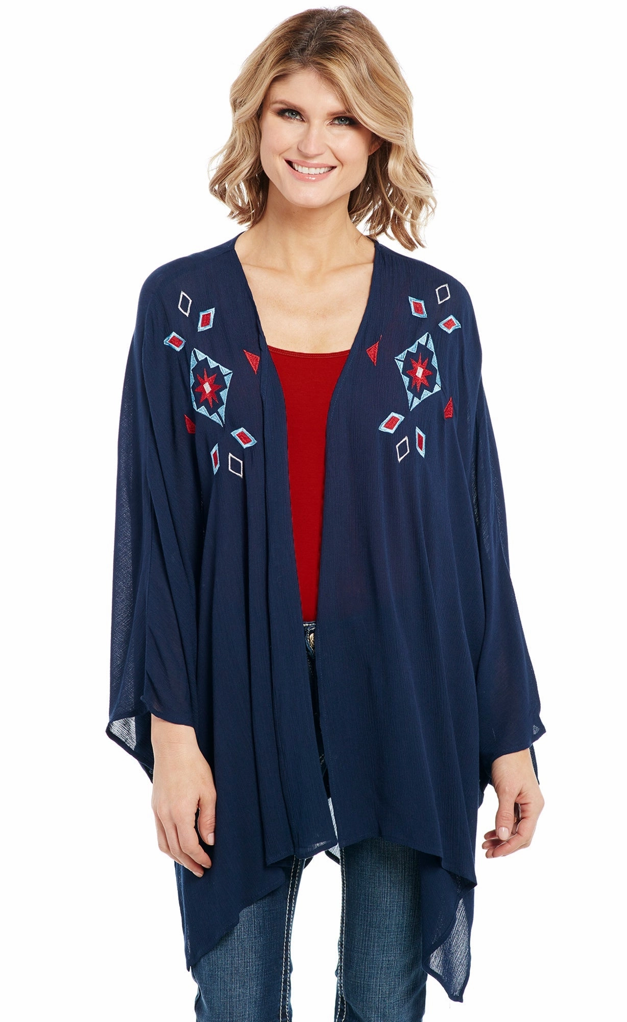 Cowgirl Up Womens Navy 100% Rayon Embroidered Kimono Cardigan Warm and Snuggly