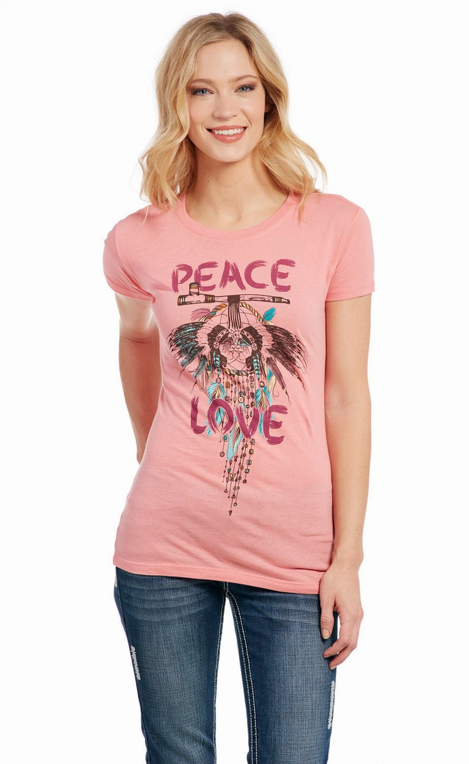 Versatile Layering Cowgirl Up Womens Peace and Love Pink 100% Cotton S/S T-Shirt