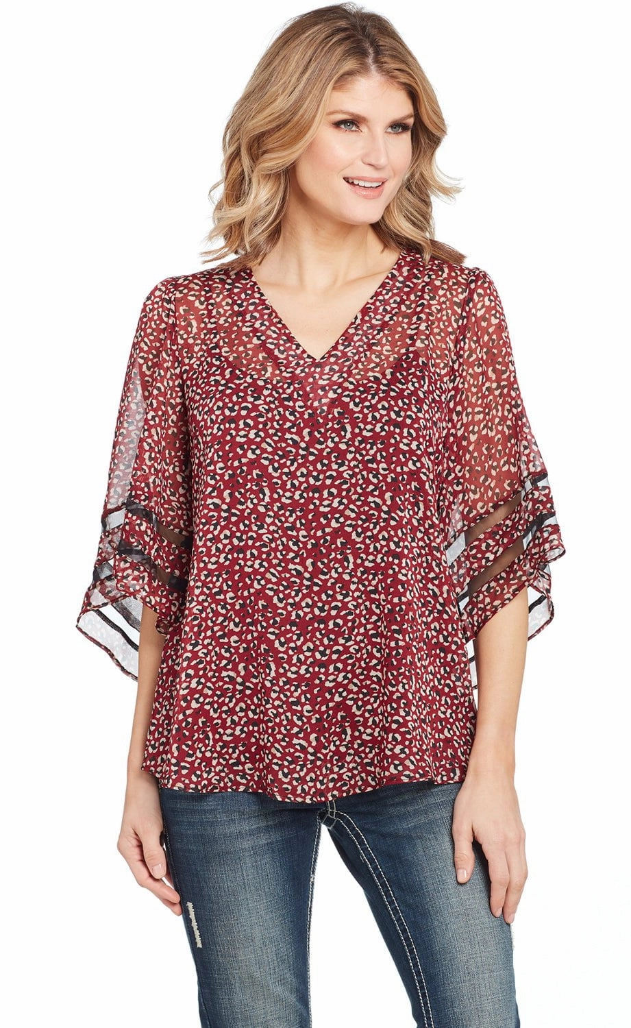 Stretchable Fabric Cowgirl Up Womens Red Polyester Arrow Bell Sleeves Blouse S/S