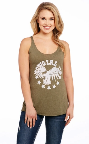 No Chafe Edging Cowgirl Up Womens Vintage Racer Back Olive Cotton Blend S/L Tank Top