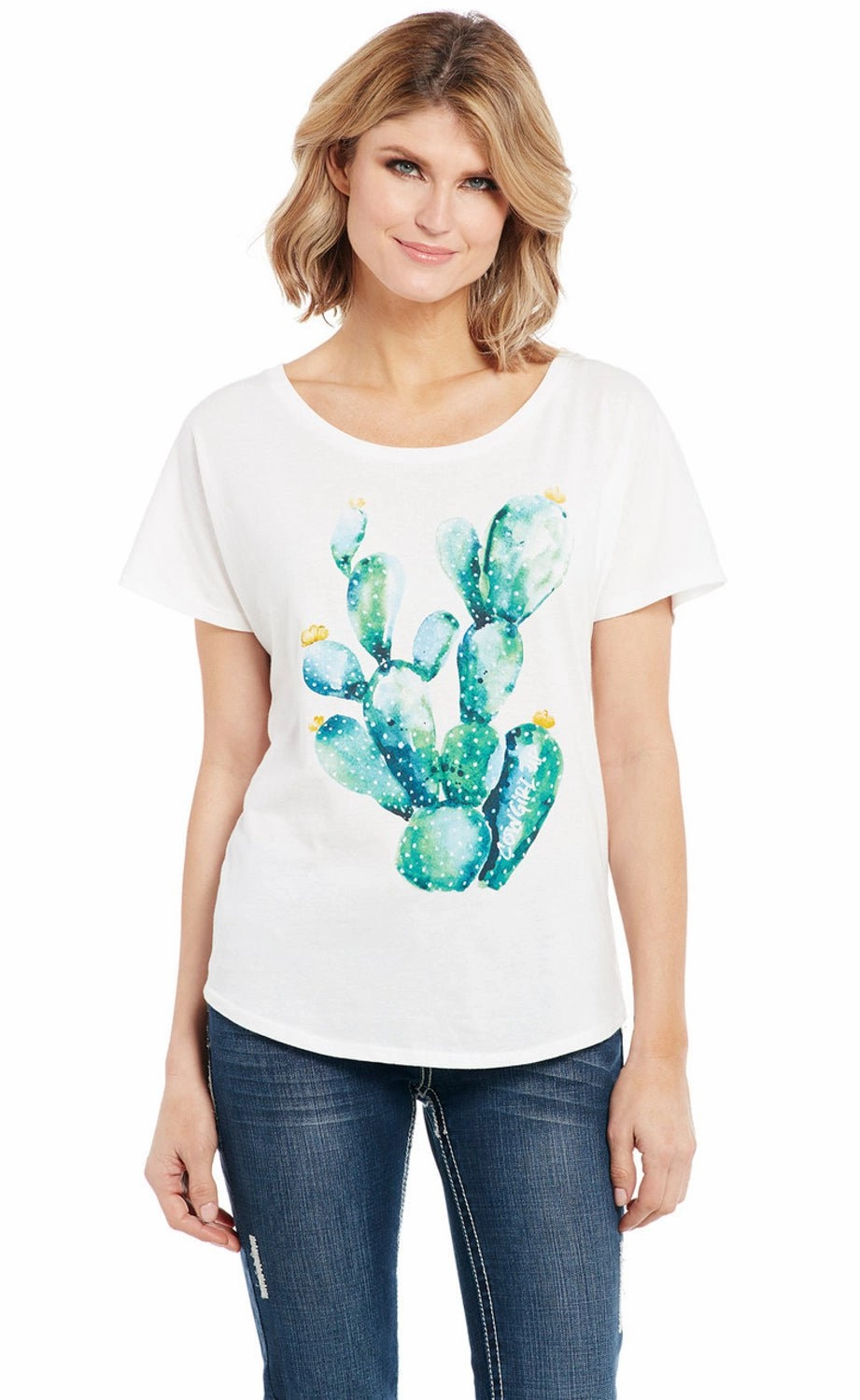 Cowgirl Up Womens Watercolor Cactus White 100% Cotton S/S T-Shirt Layered Collar