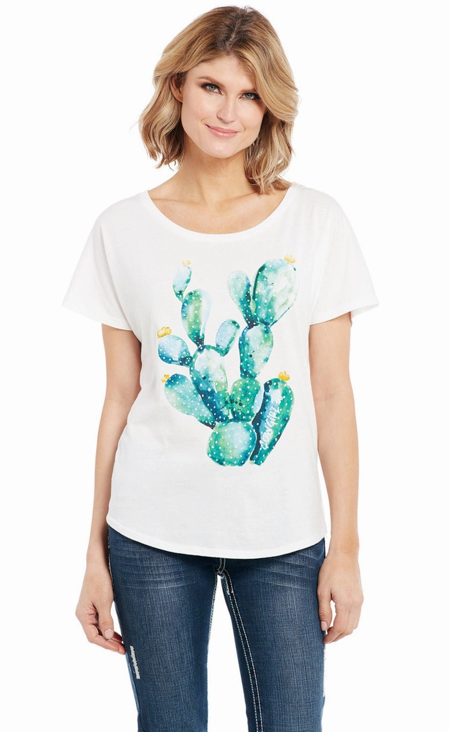 Lightweight texture Evening Elegance Cowgirl Up Womens Watercolor Cactus White 100% Cotton S/S T-Shirt