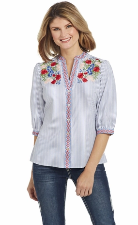 Subtle pattern Cowgirl Up Womens White/Blue Cotton Blend Floral Blouson Blouse S/S